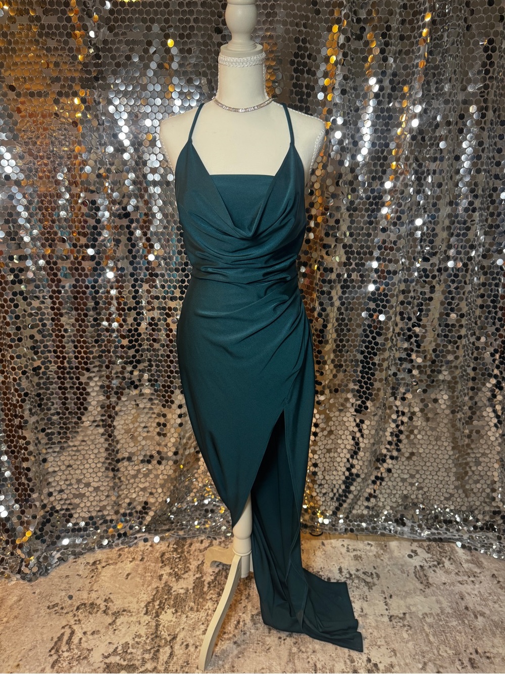 Elegant Teal Draped Halter Evening Dress